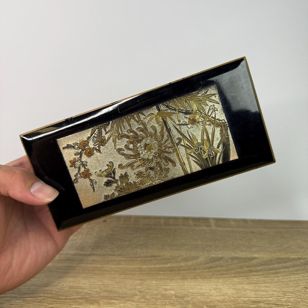 Vintage Japanese Lacquer Music Jewelry Box With Floral Design Red Velvet Lining